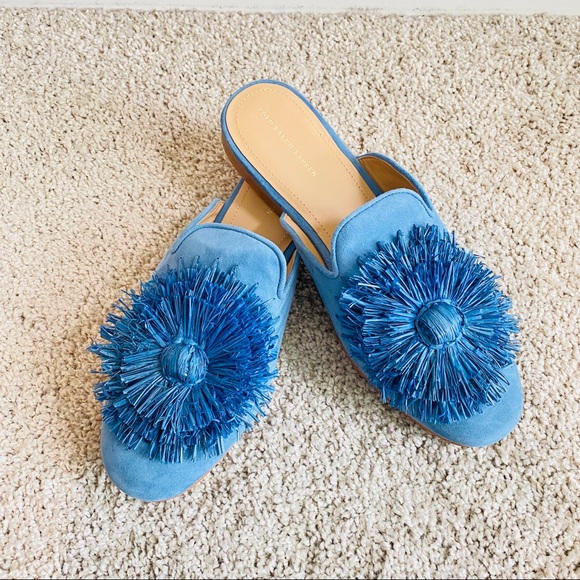 Beautiful Blue Suede Comfortable Round Toe Mules w Blue Raffia Accent Size 8.5 - Picture 4 of 10